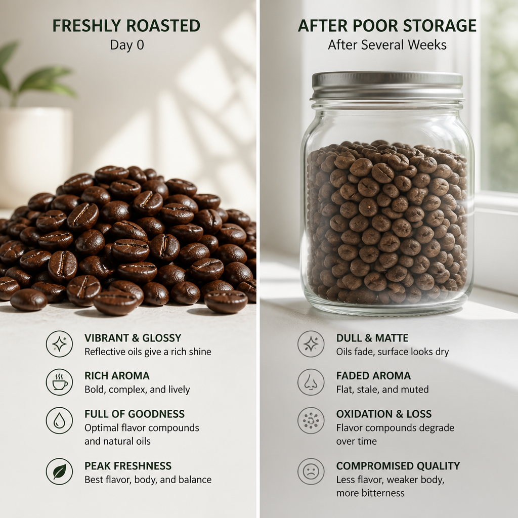Before-and-after comparison of fresh versus stale coffee beans