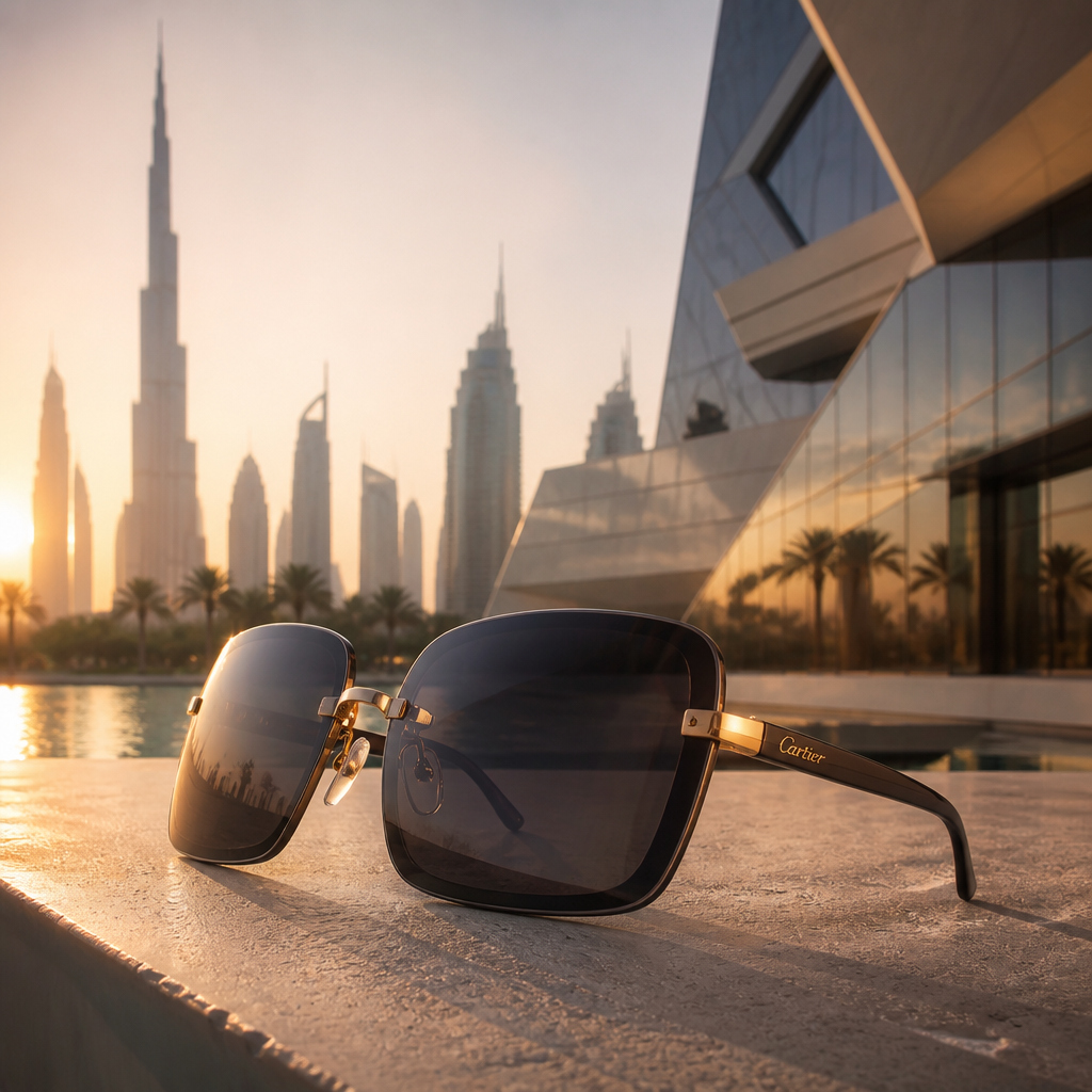 Premium sunglasses displayed with modern Dubai skyline and architectural elements