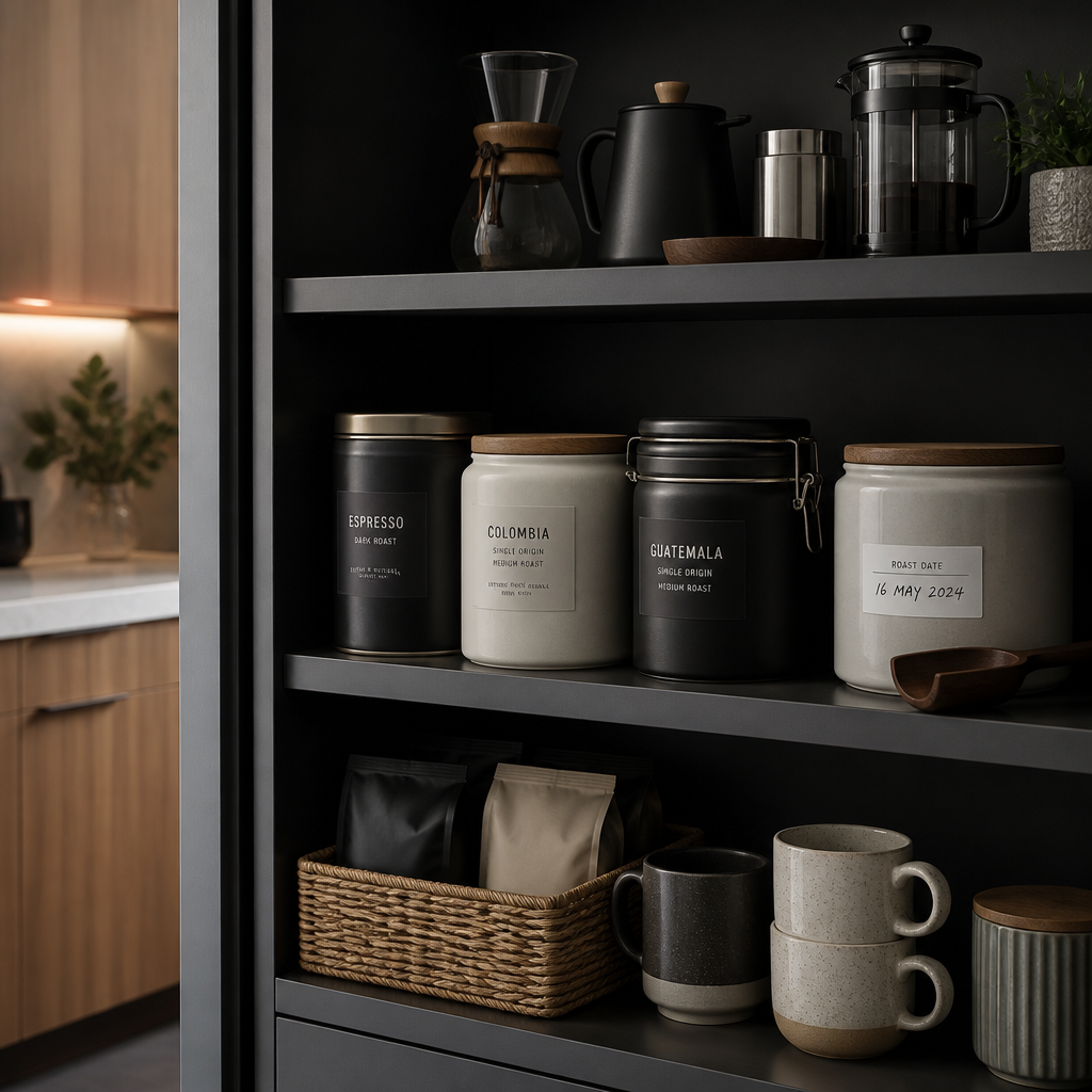Organized kitchen pantry shelf with proper coffee bean storage containers