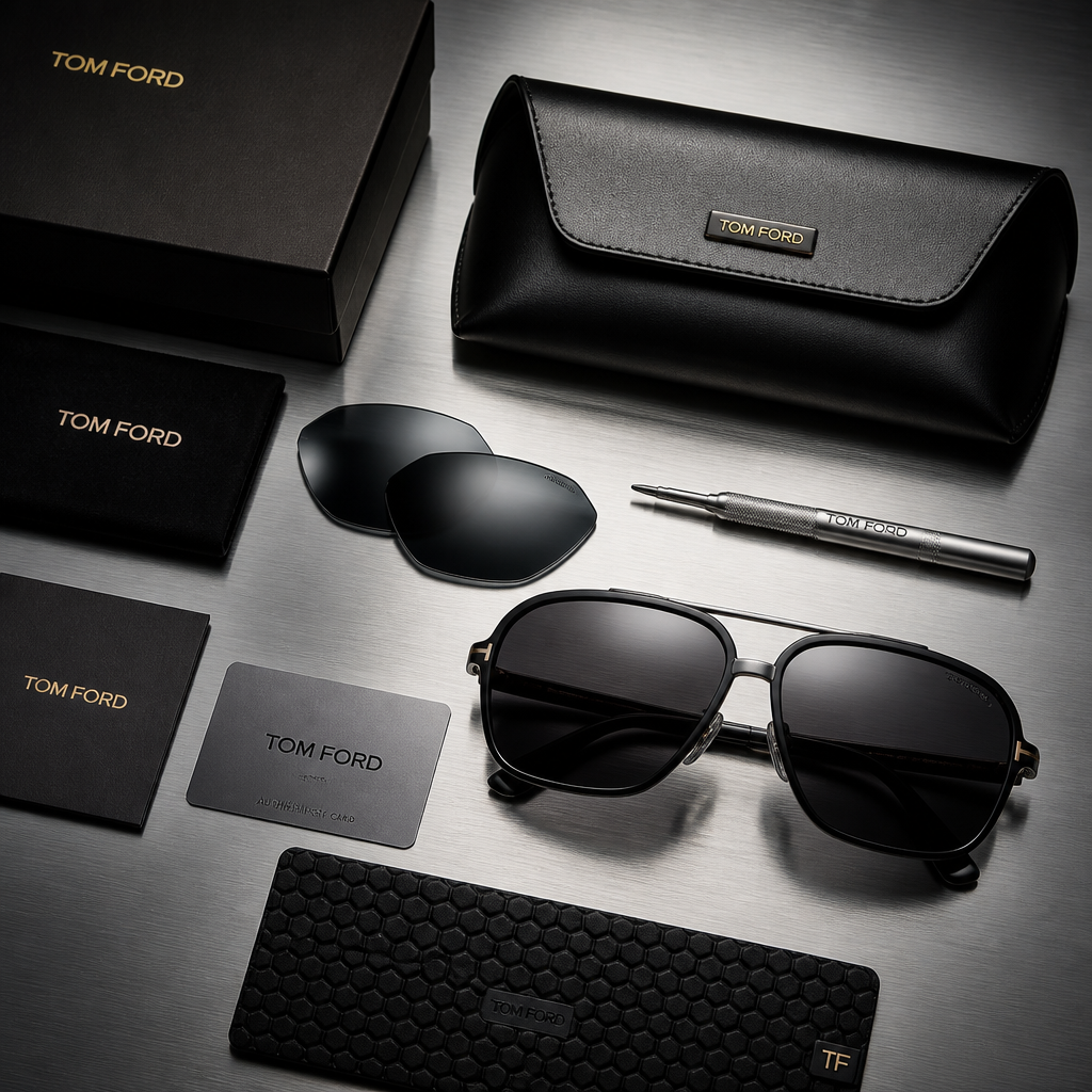 Flat lay of luxury sunglasses with case and accessories on metallic surface