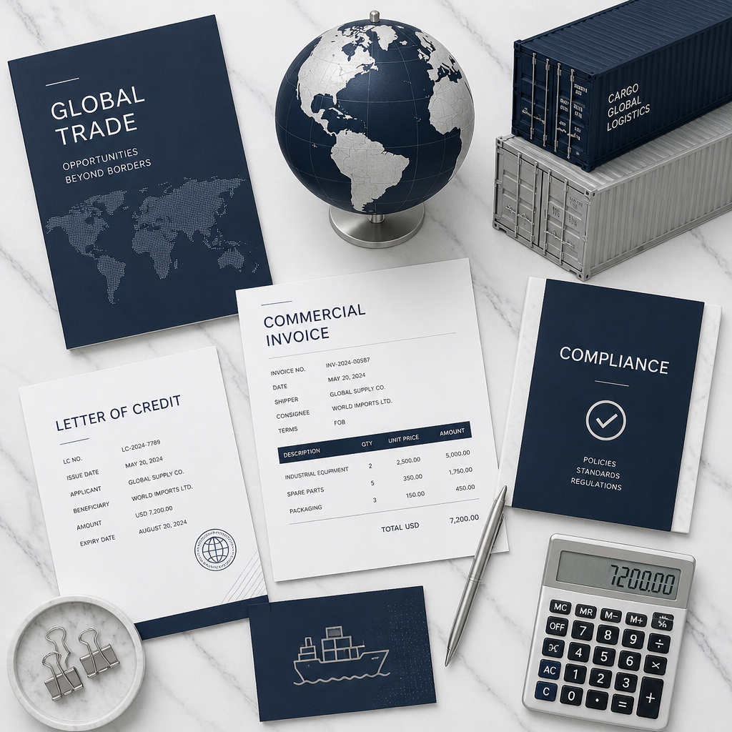 Import/export business planning materials and global trade logistics symbols