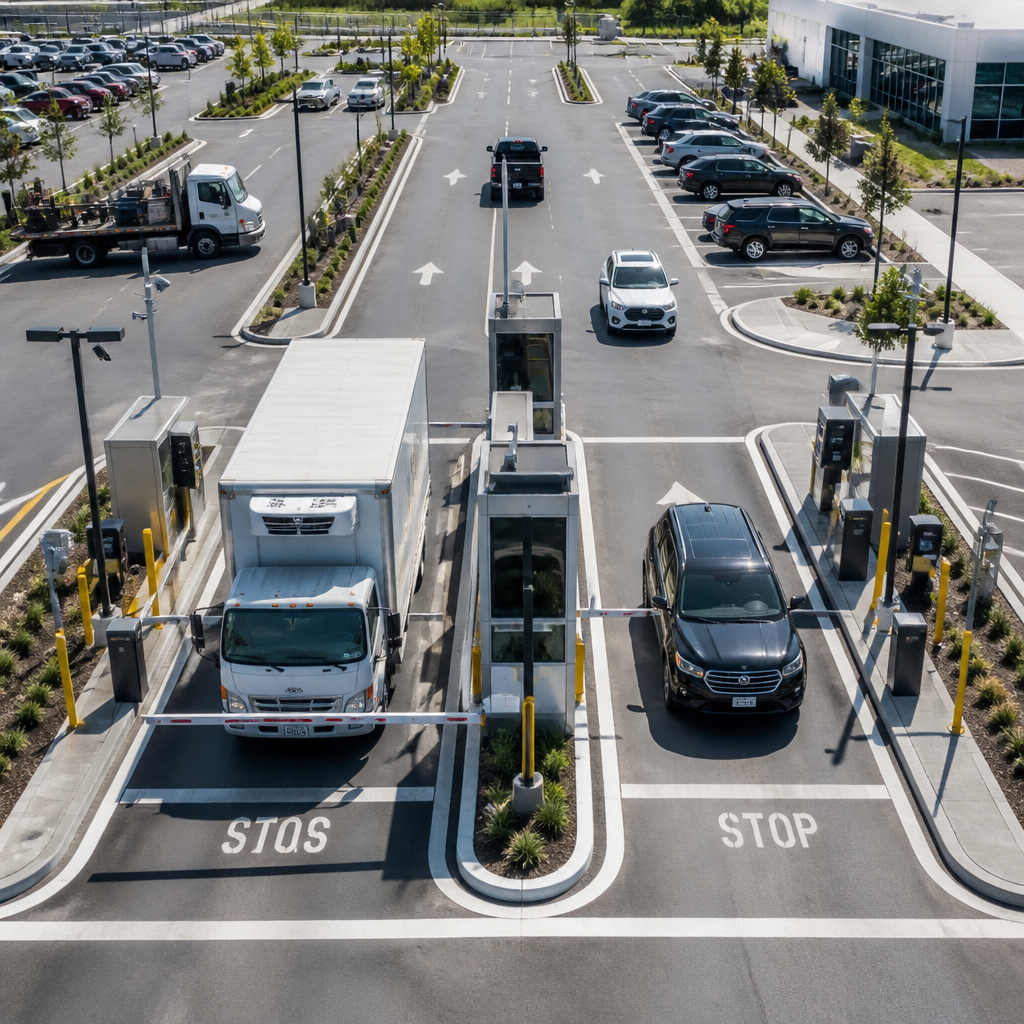 Overhead view of a multi-lane commercial vehicle entry area with diverse vehicles and defined coverage zones