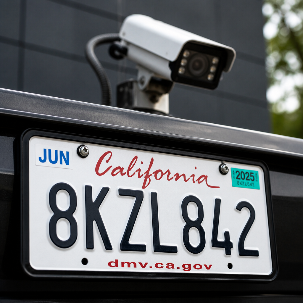 Detailed close-up of a vehicle license plate with security camera equipment in soft focus above