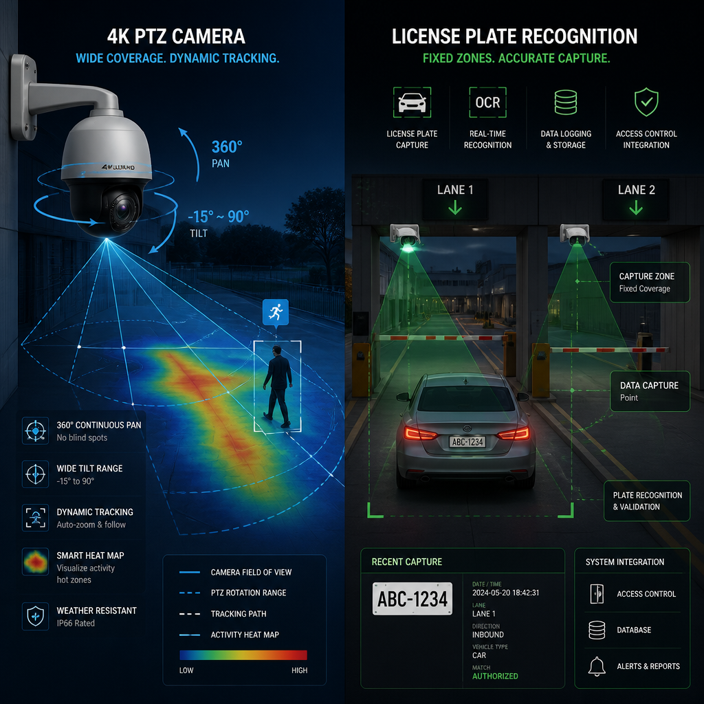 Technical security system diagram comparing PTZ camera coverage patterns with license plate recognition detection zones