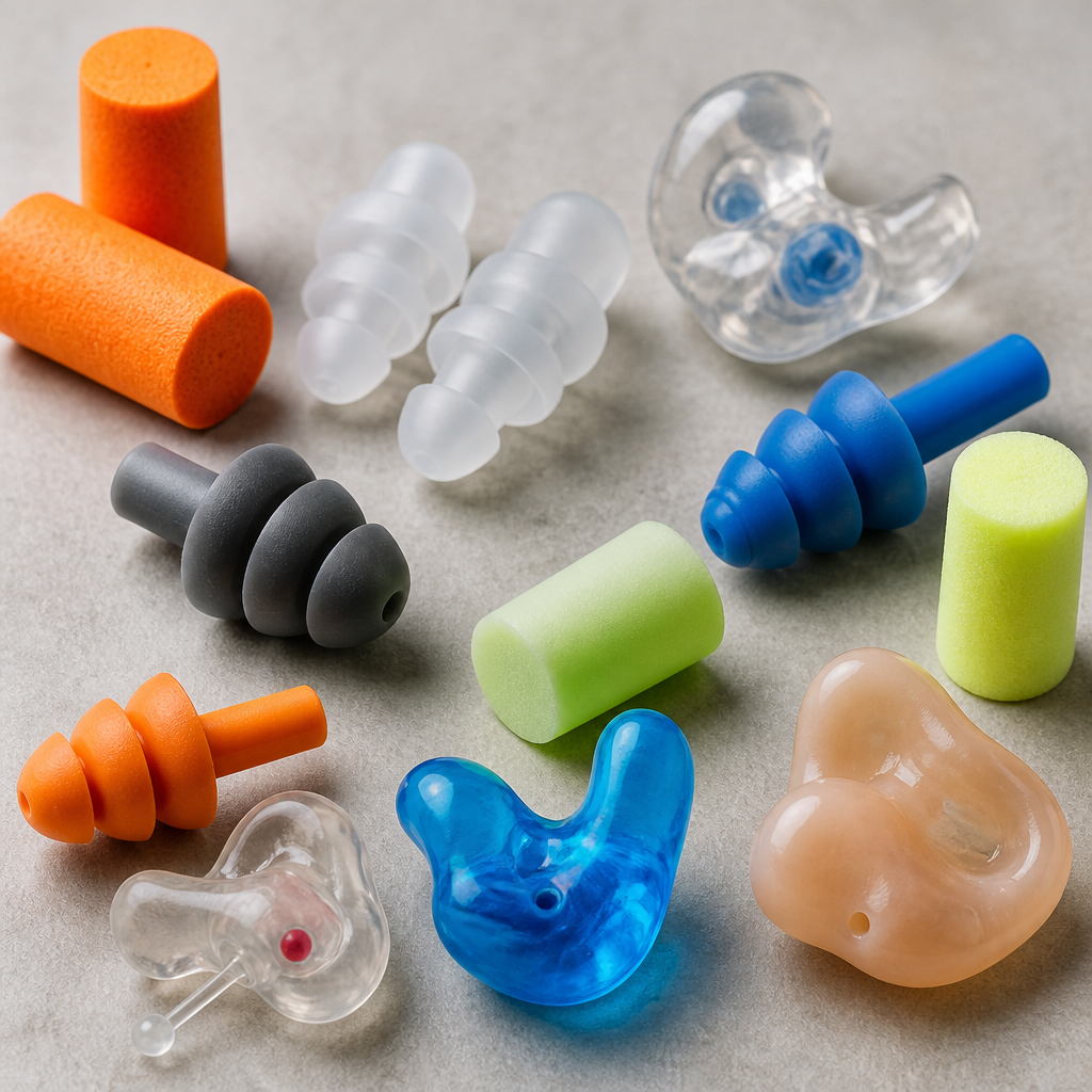 Various types of ear plugs displayed, showing foam, silicone, and molded styles