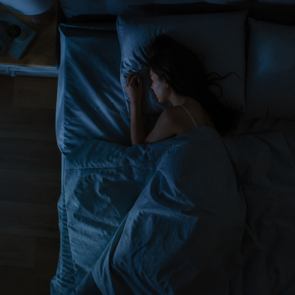 Person sleeping peacefully in a darkened bedroom at night