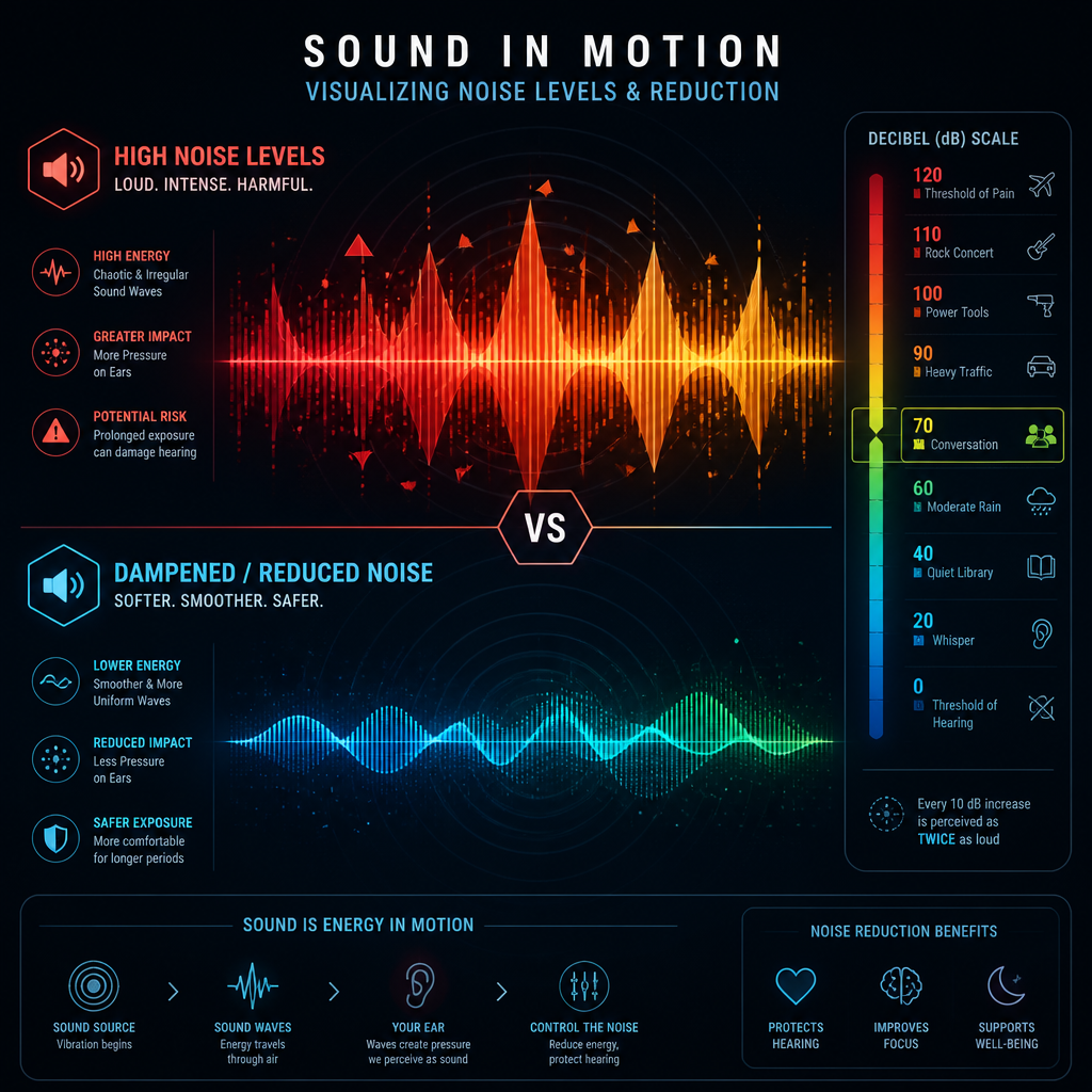 Abstract visualization of sound waves and noise reduction levels in geometric form