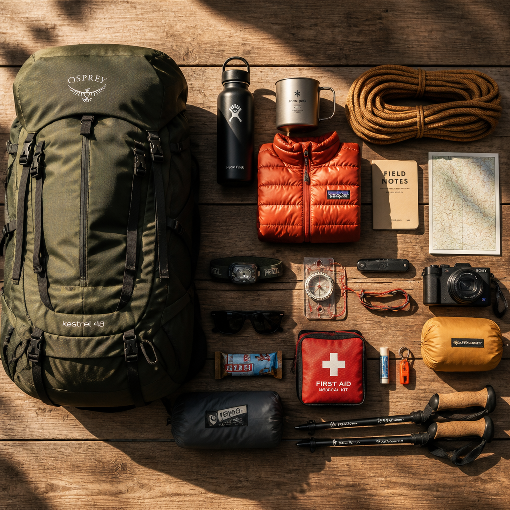 Organized outdoor adventure gear displayed on wooden surface with sunlight