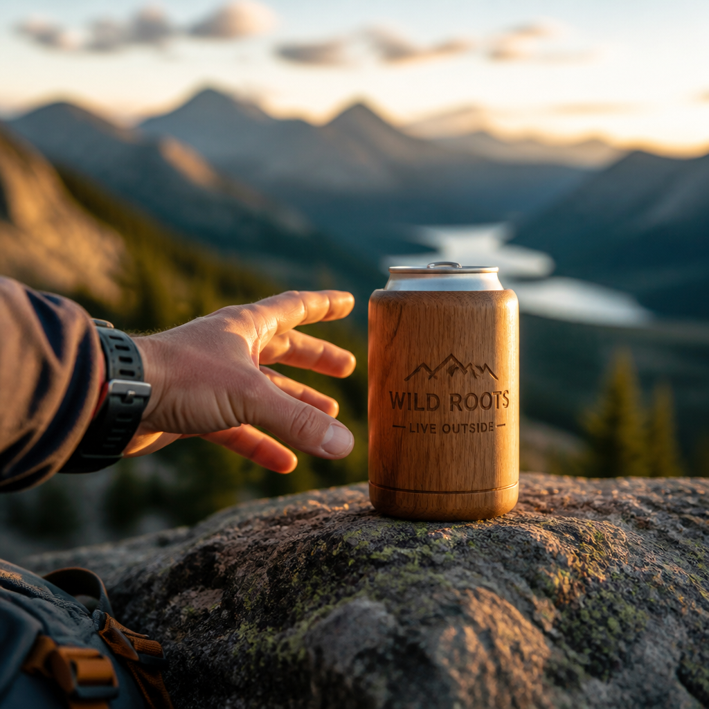 Hiker reaching for wooden can insulator on a trailside boulder with mountain views
