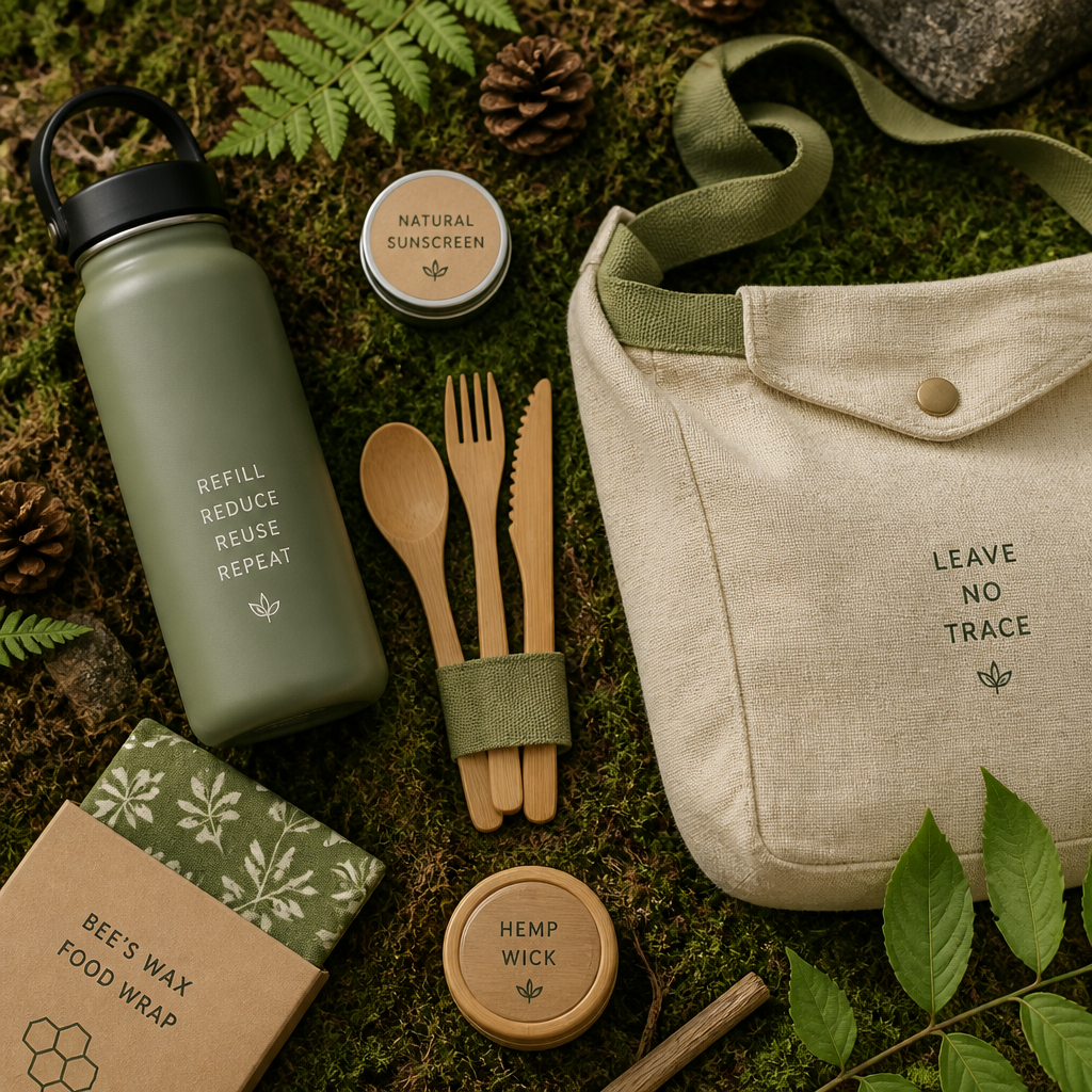 Eco-friendly outdoor accessories arranged on forest ground with natural materials
