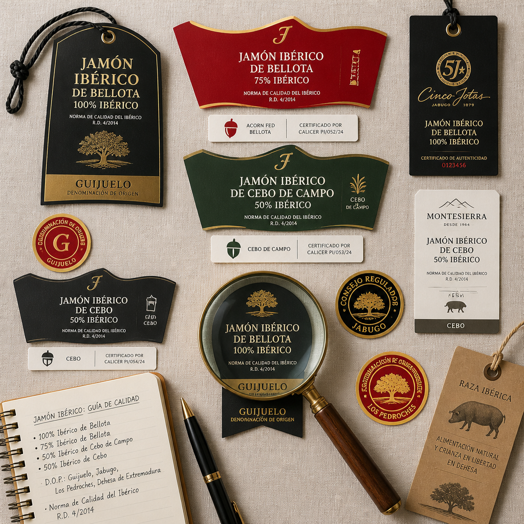 Etiquetas de denominación de origen del jamón ibérico y certificaciones de calidad