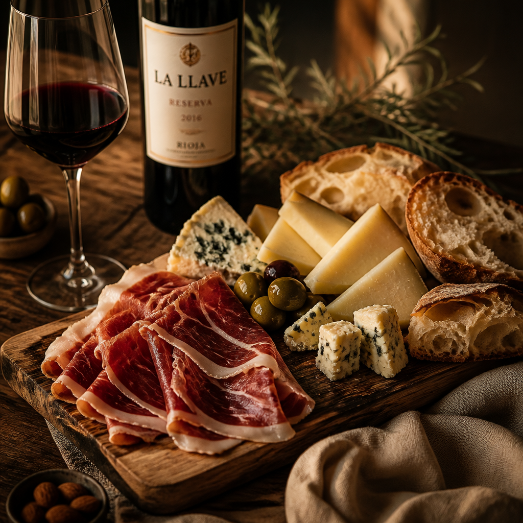 Maridaje de jamón ibérico con quesos españoles, vino tinto y pan
