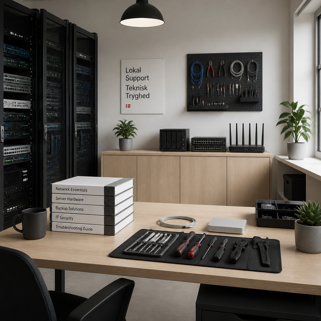 Modern IT-supportmiljø med serverudstyr og professionelt teknisk arbejdsrum