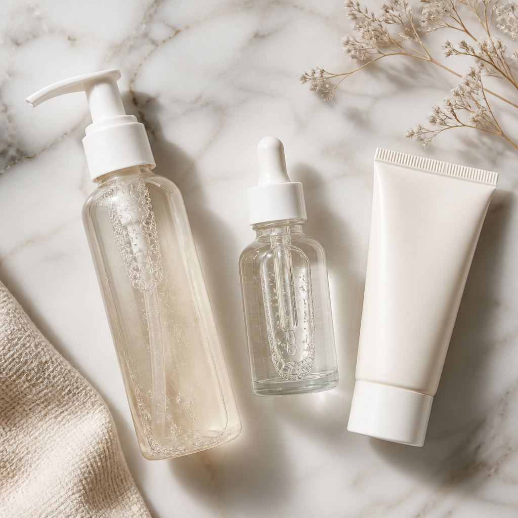 Skincare products for laser hair removal aftercare on marble surface