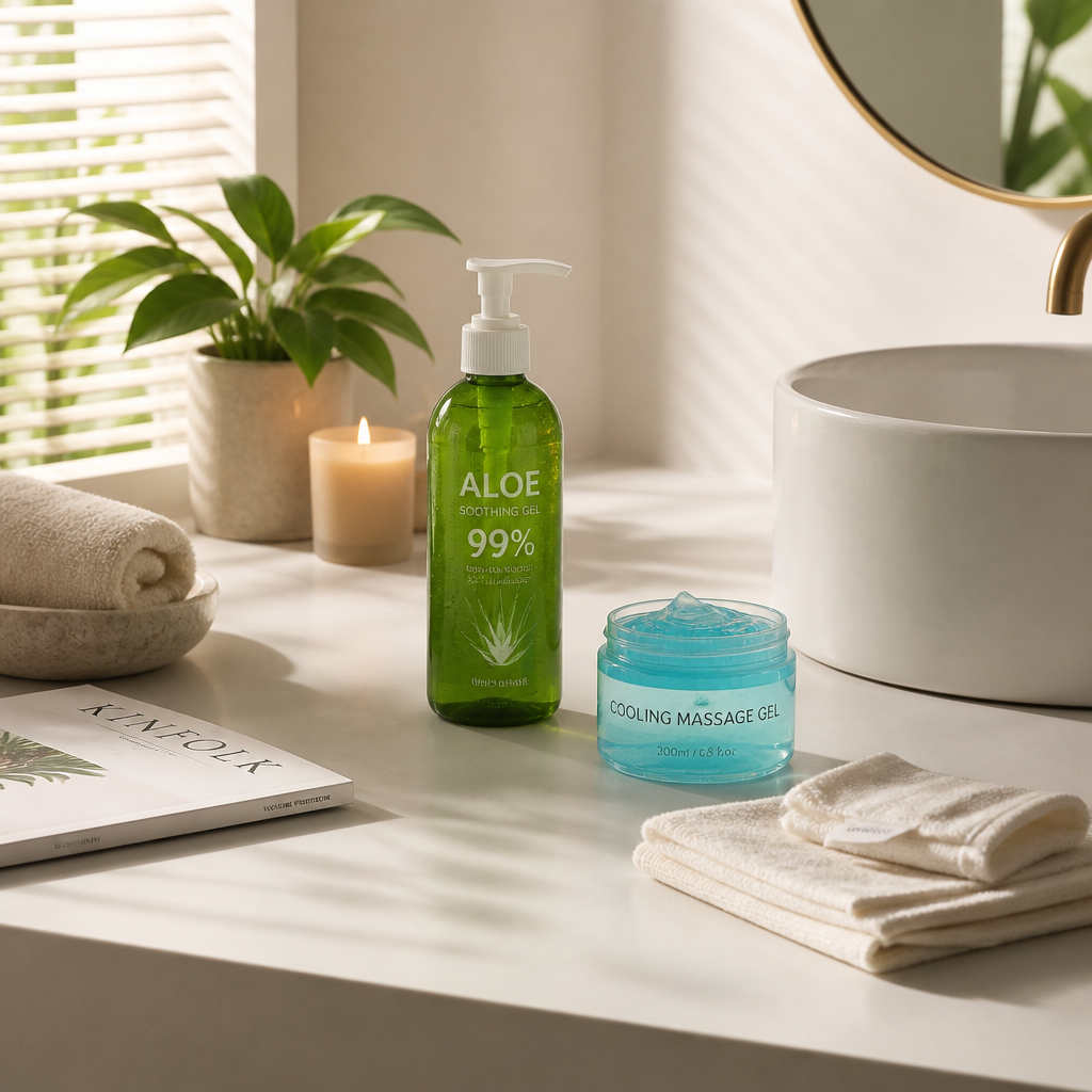 Cooling products and soft cloths arranged in a minimalist bathroom setting