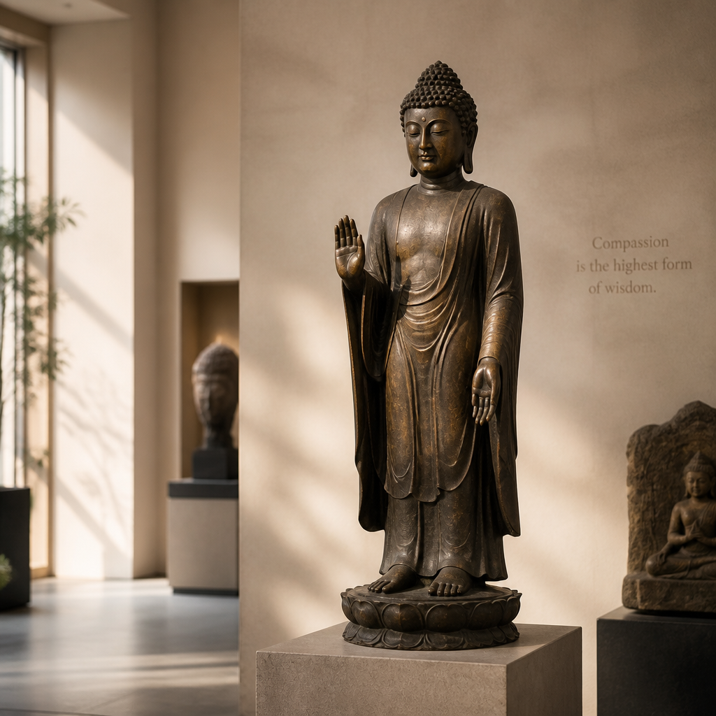 Standing Buddha statue displayed in a gallery setting with warm lighting and neutral background