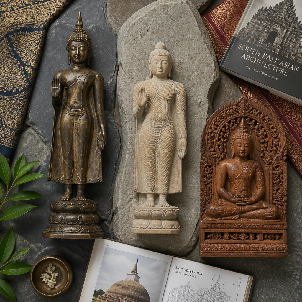 Three regional Buddha statues of different styles and materials arranged for comparison