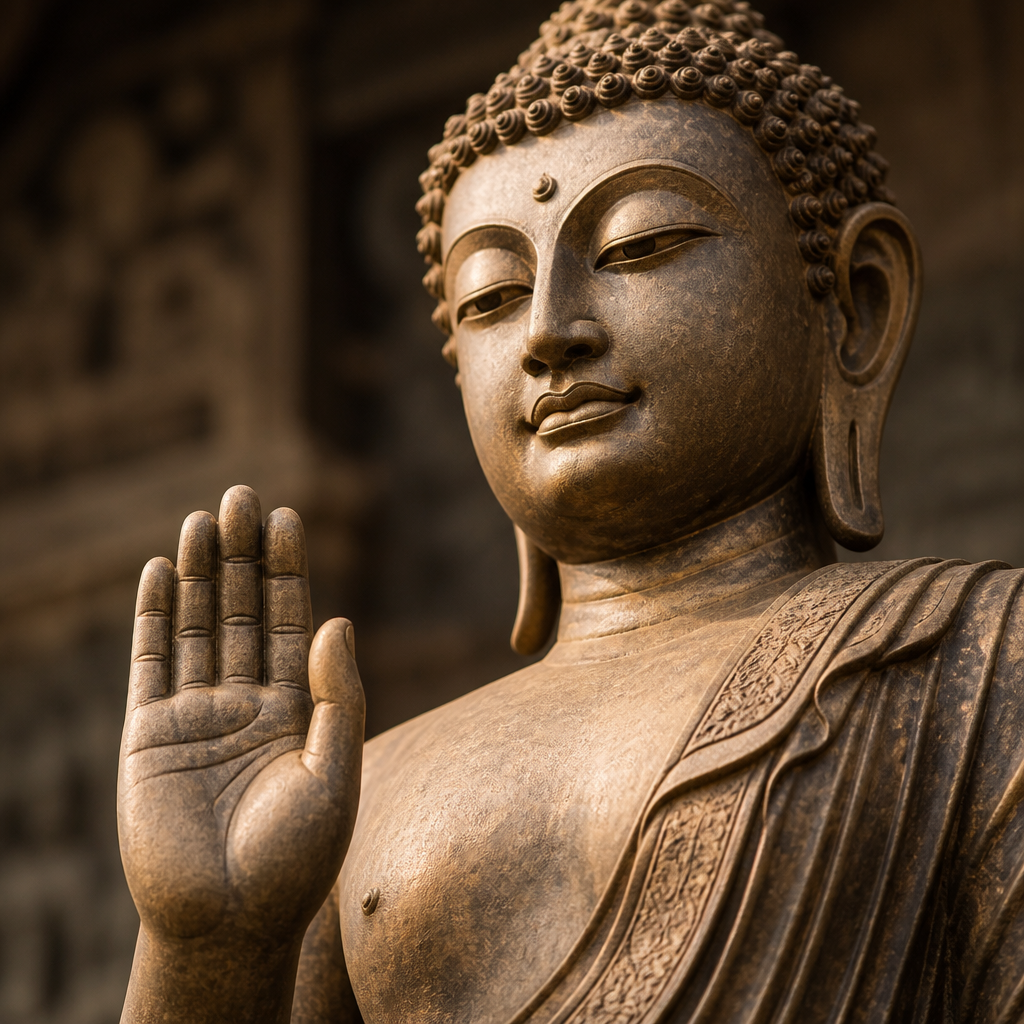 Close-up of a standing Buddha statue showing the hand gesture representing fearlessness