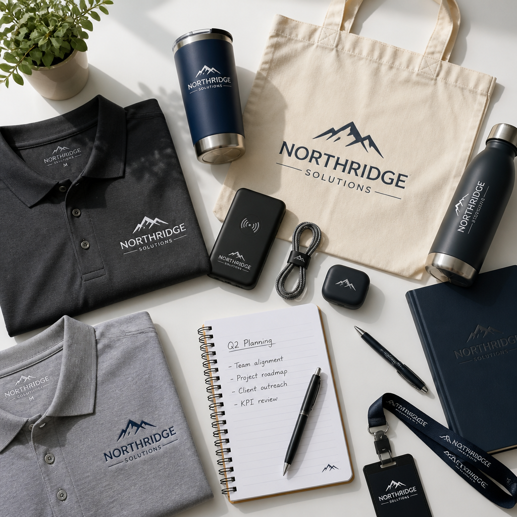 Assorted custom branded promotional products arranged on a workspace