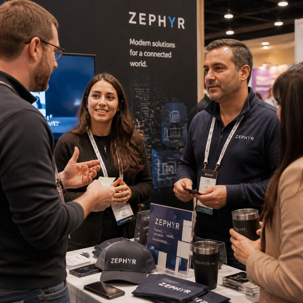 Business professionals networking and exchanging promotional materials at a corporate event