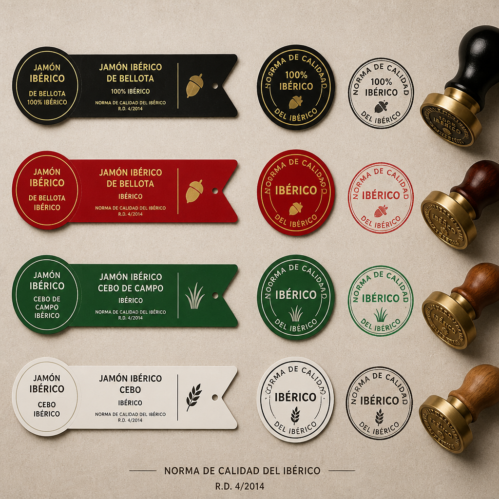 Collection of official jamón ibérico certification seals and regulatory labels showing color-coded categories