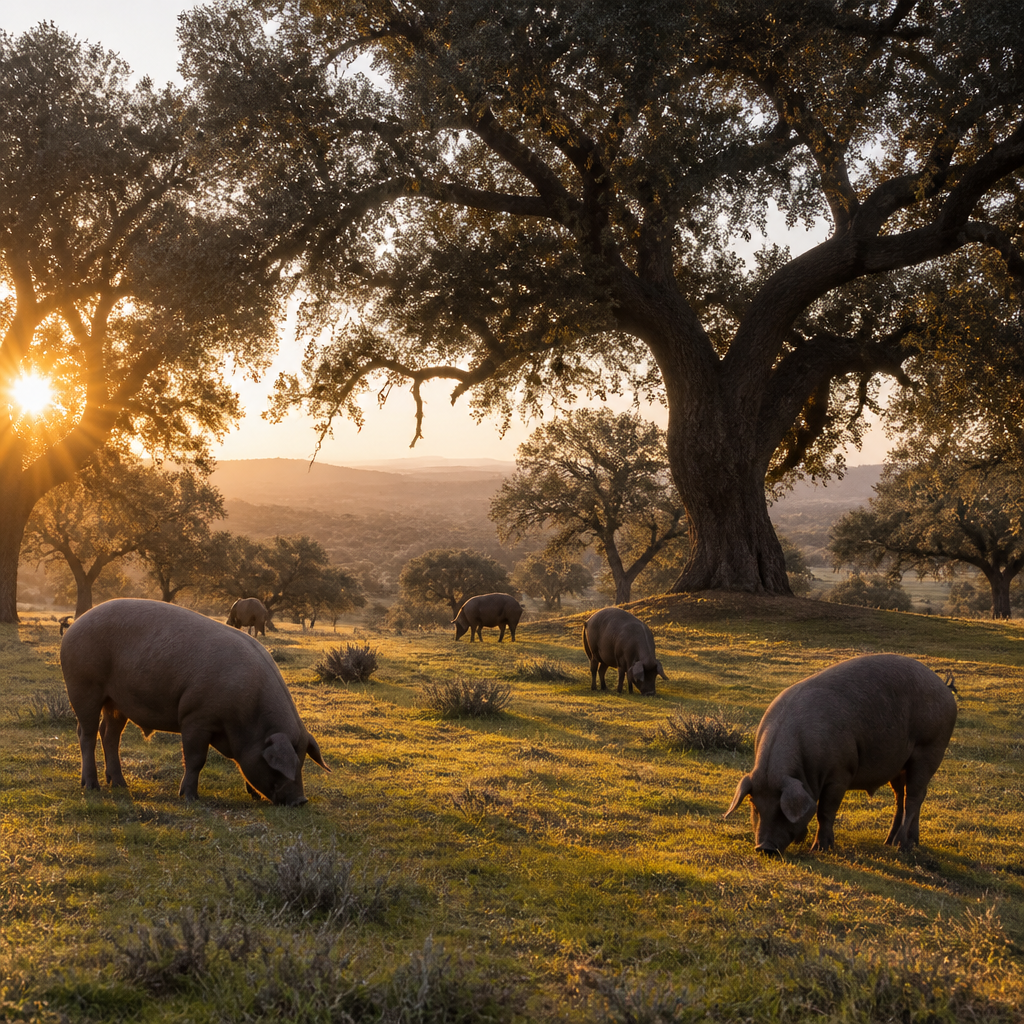 Montanera landscape with oak and cork trees showing the natural feeding grounds for ibérico pigs