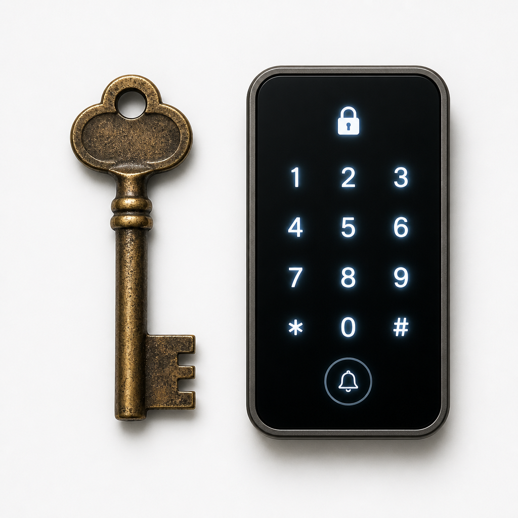 Traditional brass key next to digital keypad display, flat lay composition