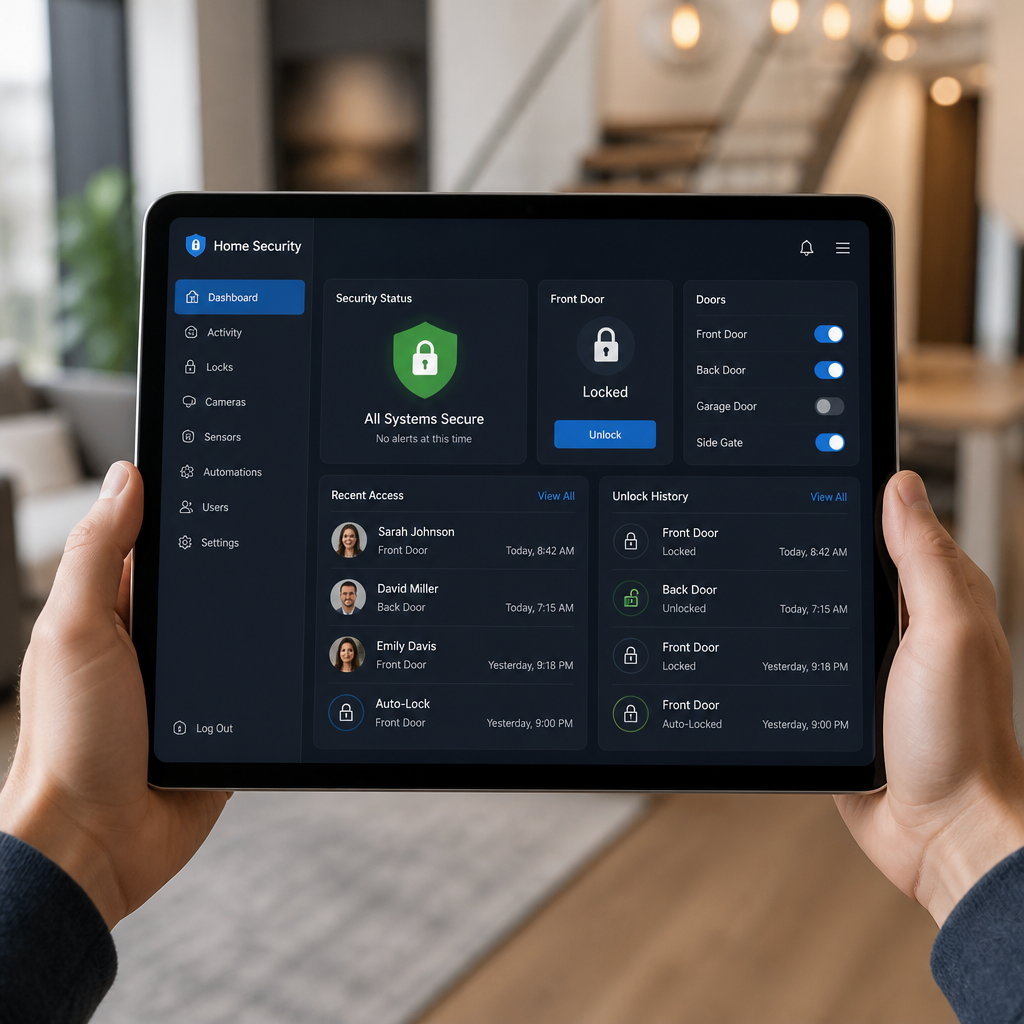 Digital security dashboard on tablet showing access logs and lock controls