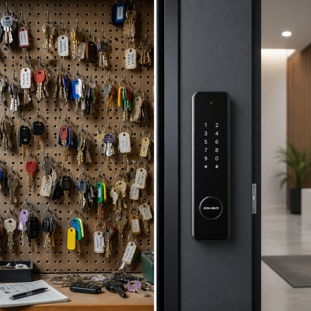 Split composition comparing multiple keys on pegboard versus single electronic lock
