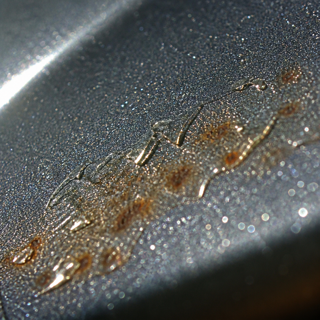 Macro close-up showing iron fallout particles embedded in car clear coat with visible rust damage