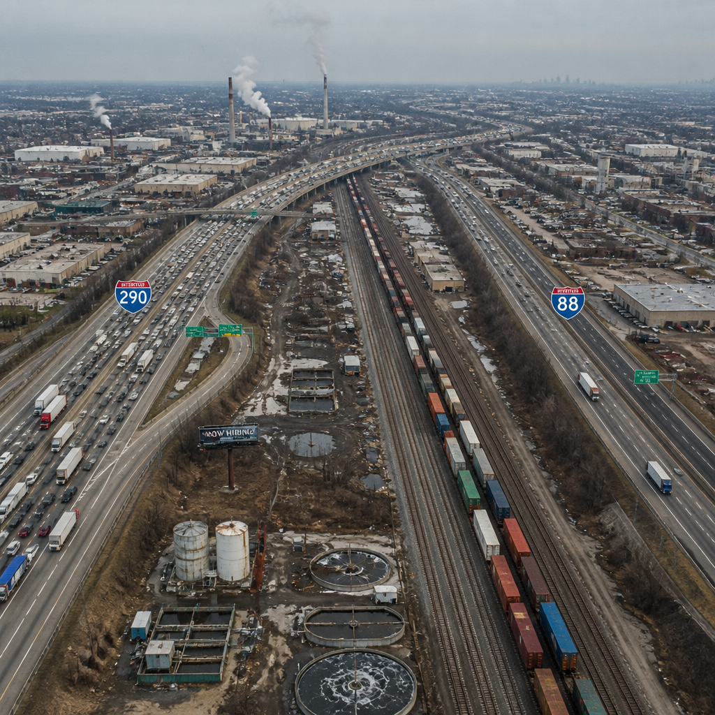 Overhead view of busy Chicago suburban highways and rail network showing sources of iron contamination