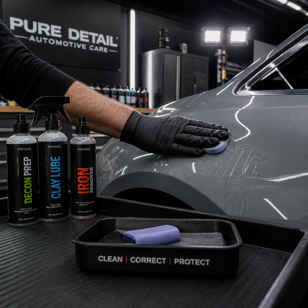Professional detailer performing iron fallout removal with clay bar decontamination tools in a studio setting