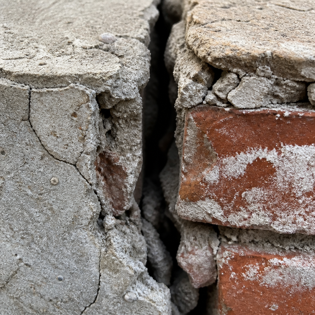Gros plan détaillé d'une fissure structurelle profonde traversant le béton et la maçonnerie