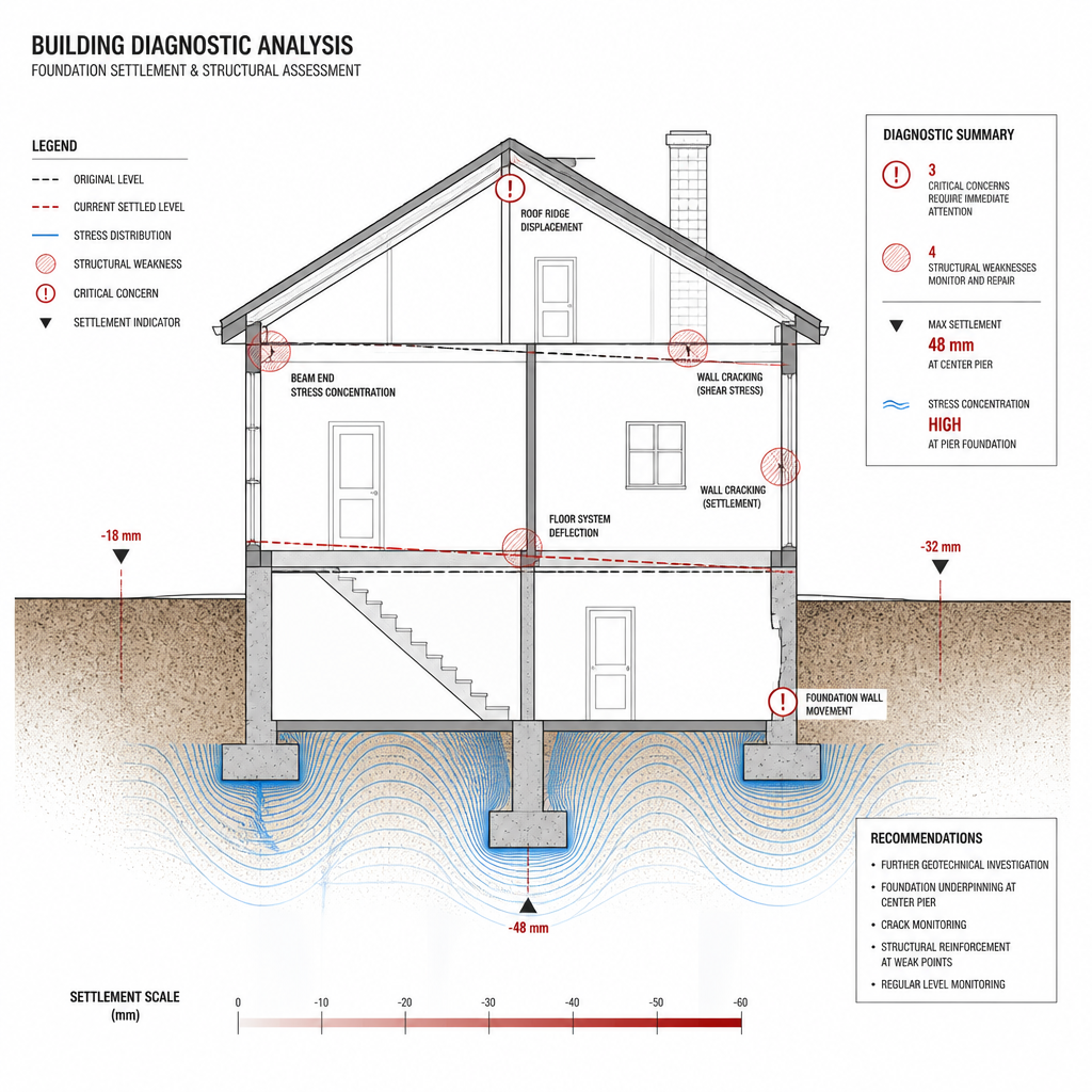 Diagramme technique d'une coupe de bâtiment montrant les indicateurs d'affaissement et les zones structurelles compromises