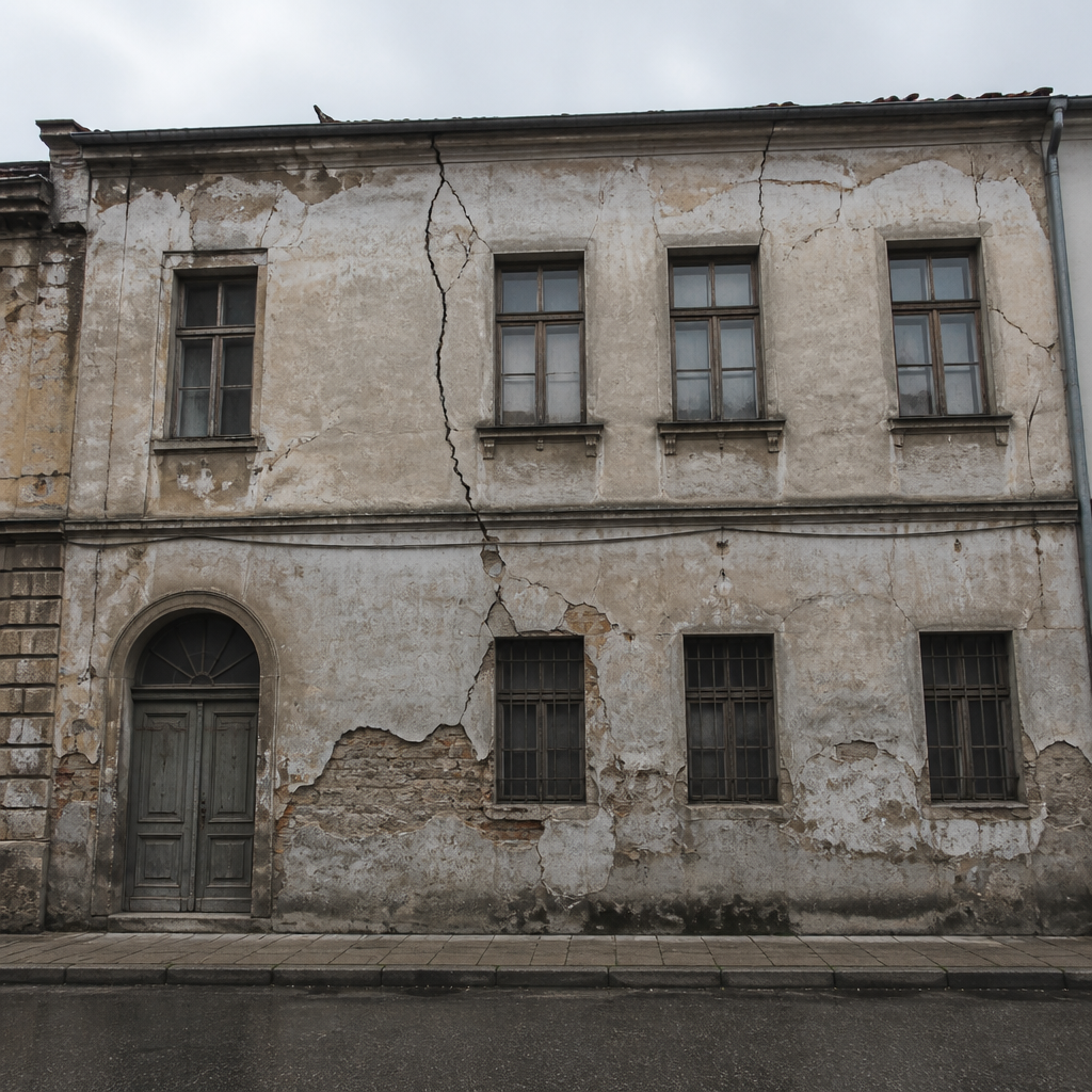 Vue d'une façade vieillissante présentant des lézardes et des signes visibles de détérioration structurelle