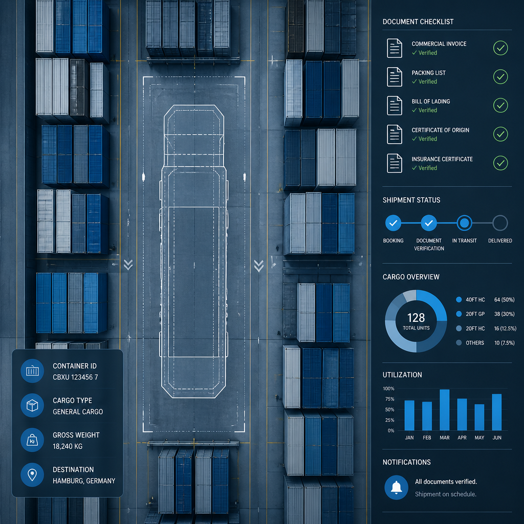 Conceptual logistics visualization showing vehicle import documentation workflow