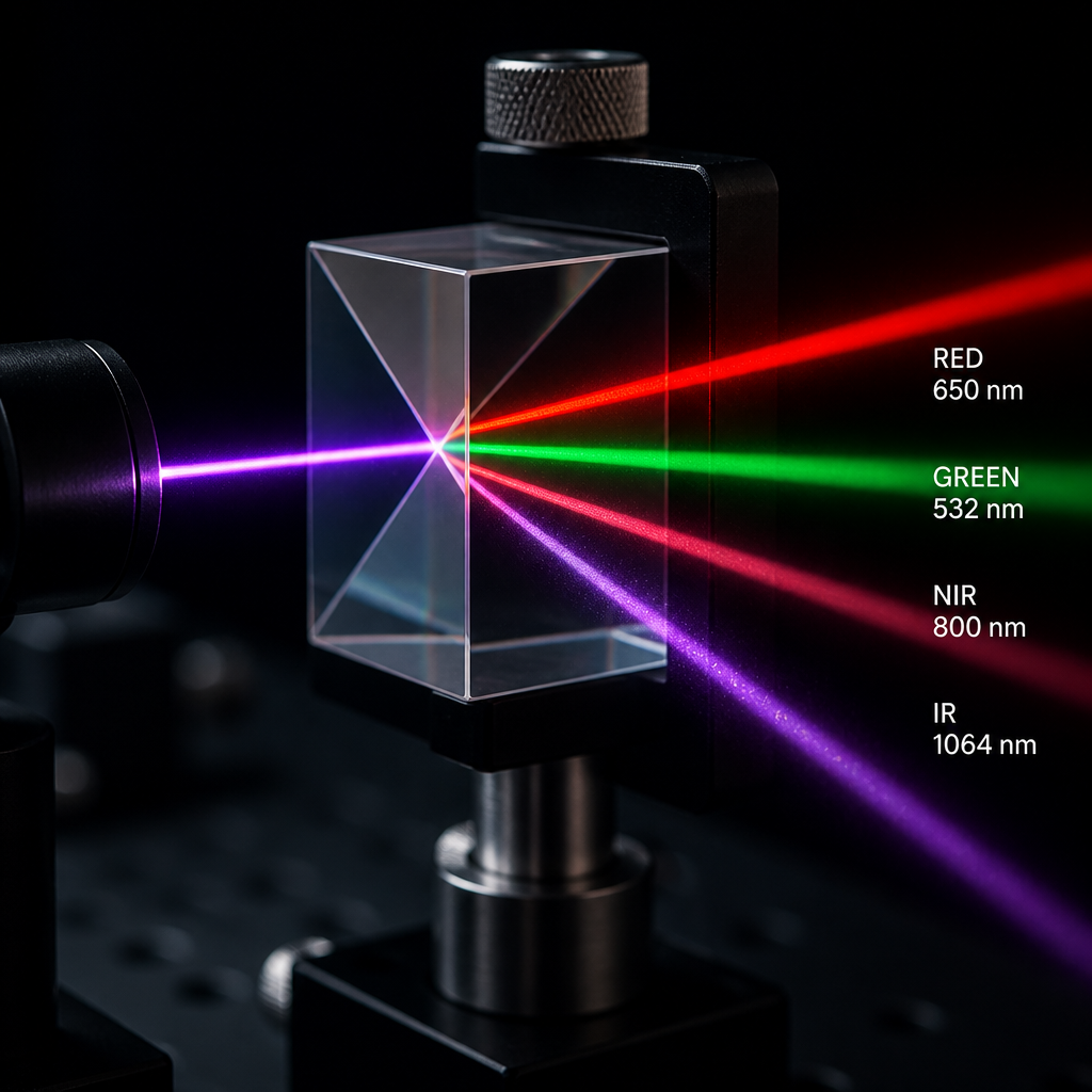 Laser wavelengths splitting into different coloured beams for selective ink targeting