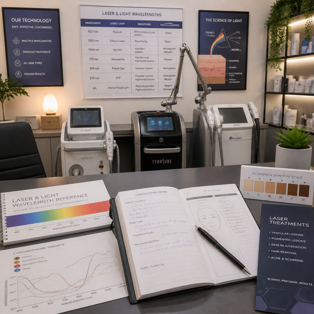 Professional tattoo removal clinic workspace showing specialized laser equipment and treatment planning materials