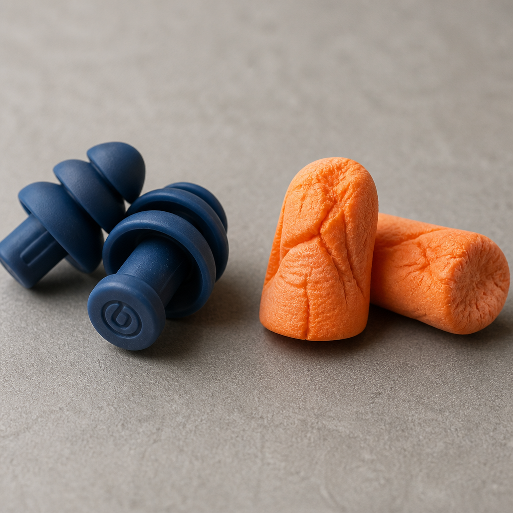 Premium reusable silicone ear plugs compared to disposable foam plugs on a neutral surface