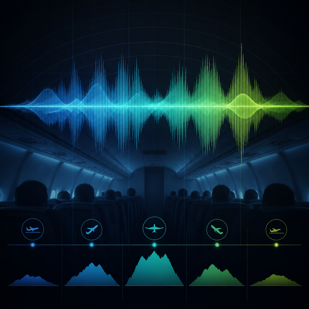 Abstract sound wave visualization showing aircraft cabin noise levels
