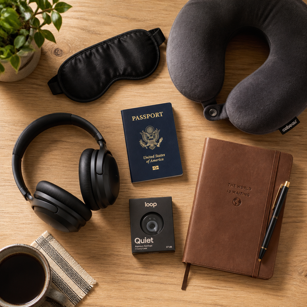 Flat lay of frequent flyer travel essentials including premium ear plugs and comfort items