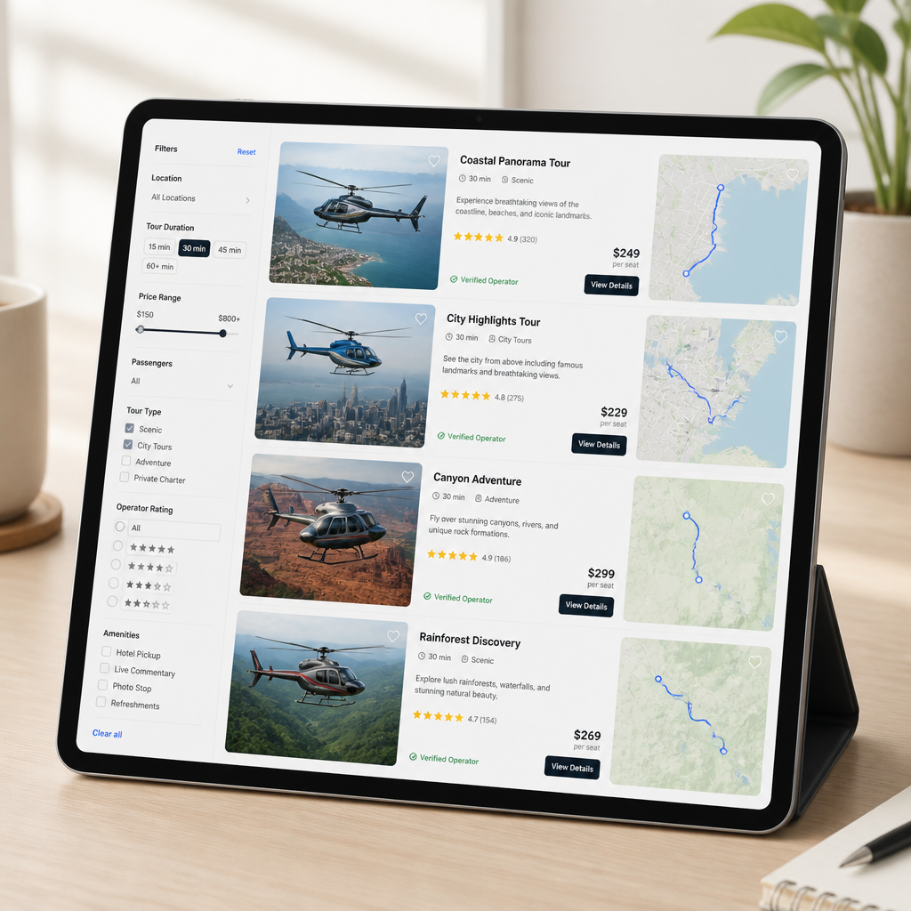 Cyfrowy interfejs marketplace helikopterowego na ekranie tabletu z porównaniem ofert i tras