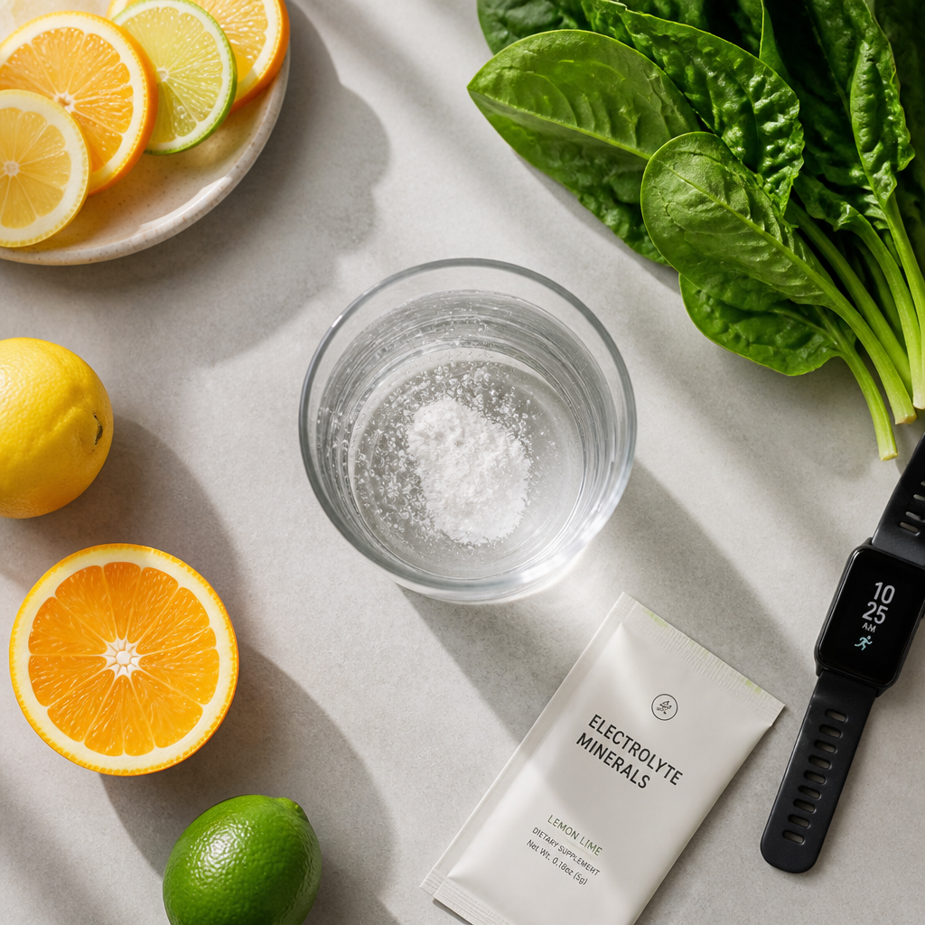 Electrolyte-rich hydration setup with water glass, citrus, vegetables, and wellness accessories