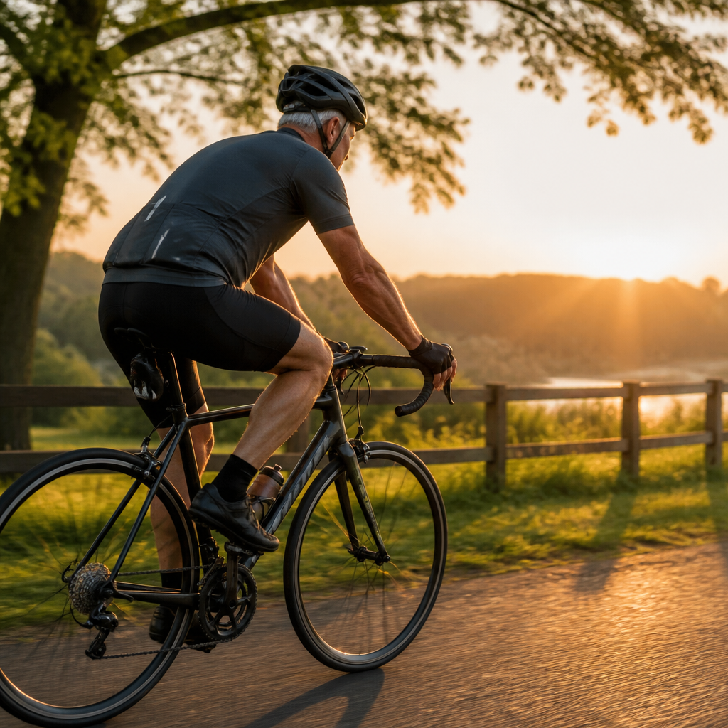 Mature adult cycling through sunlit outdoor landscape in active motion