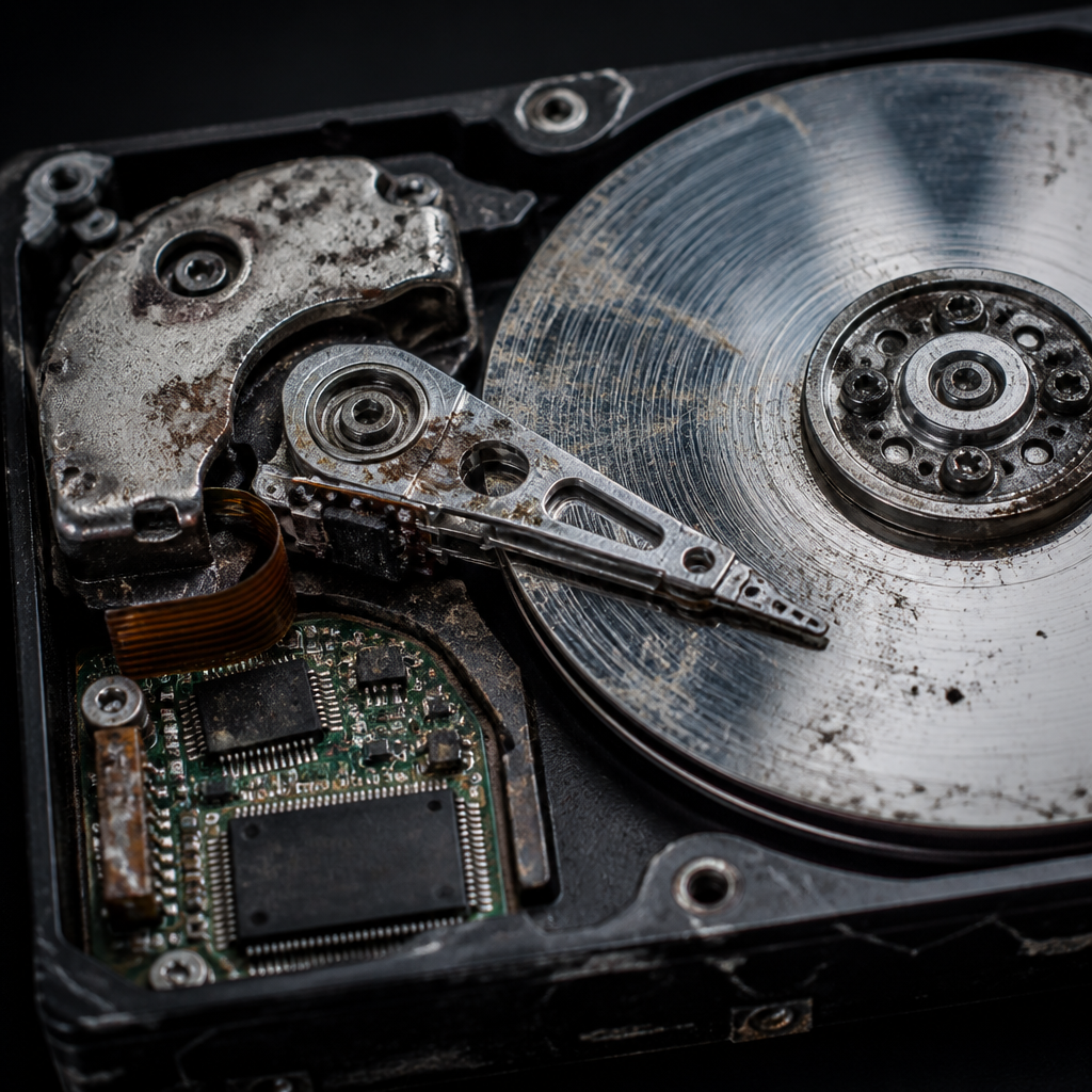 Tæt billede af beskadiget harddisk-komponenters indre dele med slidt mekanisme