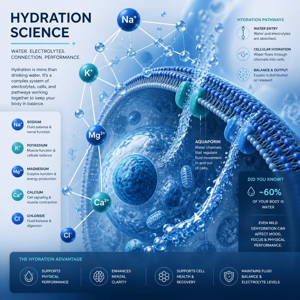 Abstract visualization of electrolyte science and cellular hydration mechanisms