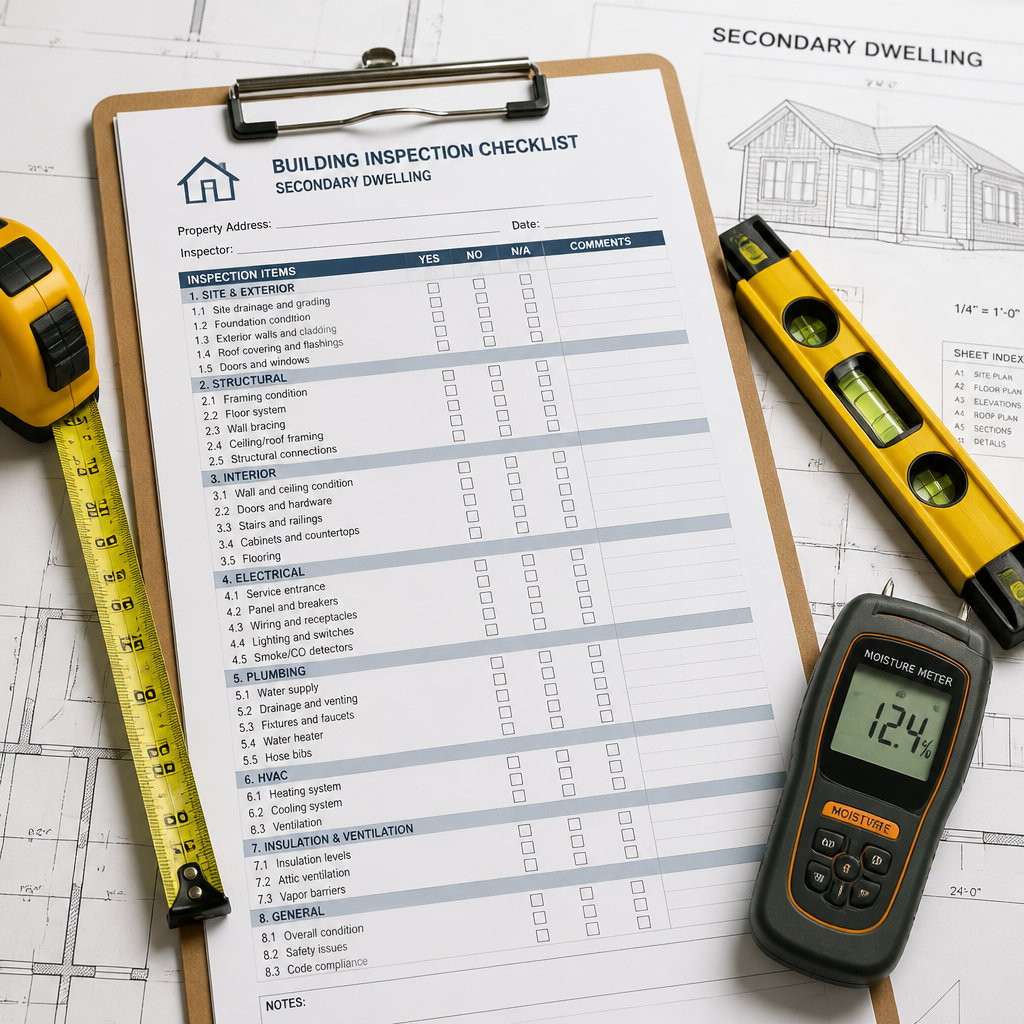 Professional building inspection tools and checklist on architectural plans