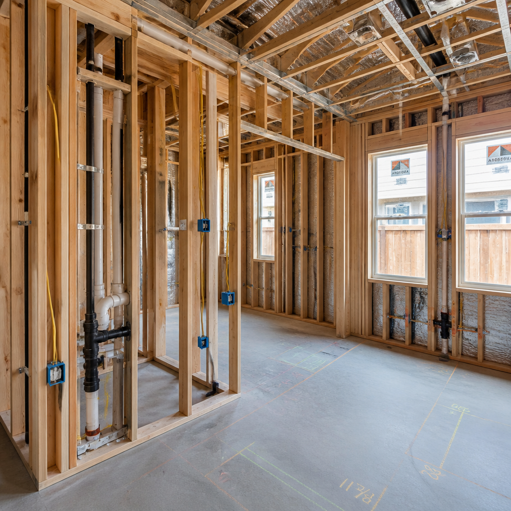 New build secondary dwelling interior under inspection with visible construction elements