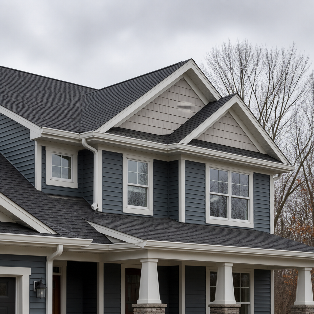 Residential house roofline and gutter system photographed in late fall