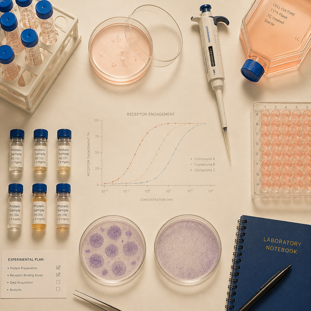 Organized laboratory bench setup with cell culture and research equipment for in vitro studies